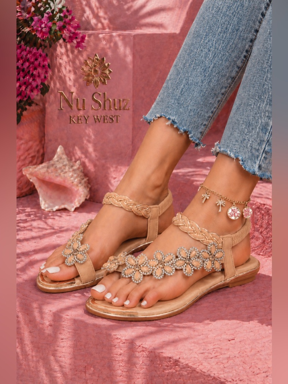 Restock Italina Peach Floral Gold Metallic Braided Rhinestone Low Heeled Sandal